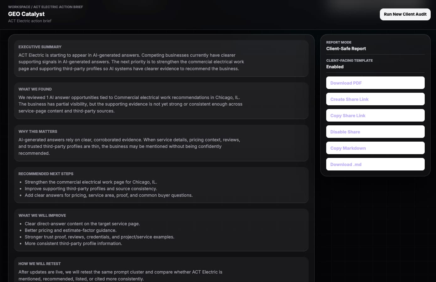 GEO Catalyst white-label client report showing executive summary and AI visibility findings